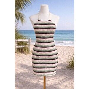 Blue Blush Halter Mini Dress S Striped Knit Bodycon Y2K Crochet Texture